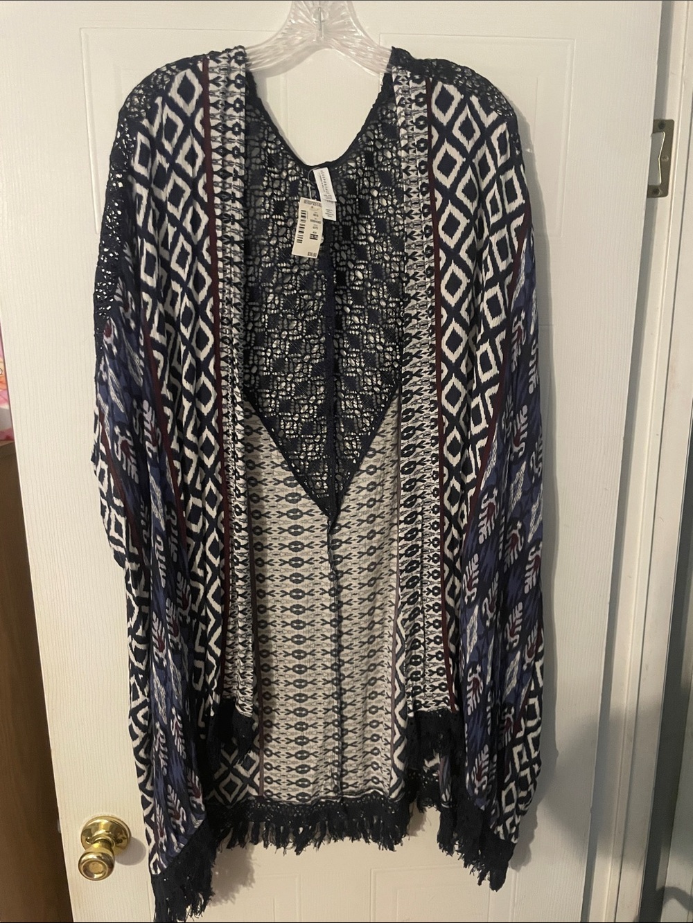 Aeropostale Boho Fringe Open-Front Women's Kimono Cardigan - Navy & White